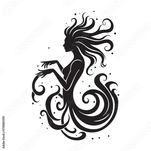 Elegant silhouette of a mystical woman with flowing hair and swirling tail on a white background