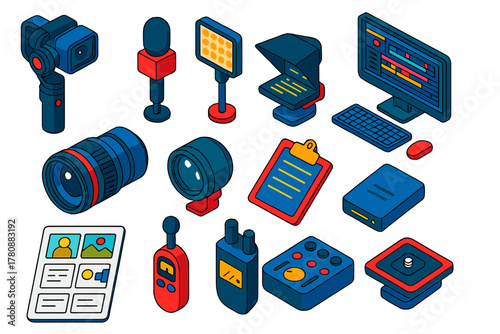 Media Creation Tools. Isometric vector illustration set Media Creation and Publishing: gimbal camera, broadcast mic, light kit,