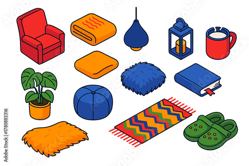 Cozy Comfort Collection. Isometric vector illustration set relaxation and comfort: fabric recliner, thermal blanket, memory foam