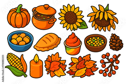 Autumn Harvest Icons. Isometric vector illustration set pumpkin, sunflower, apples, and more: pumpkin stew pot, pumpkin gnocchi,