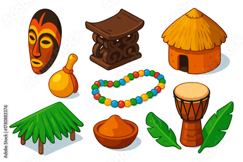 African Cultural Heritage Icons. Isometric vector illustration set Cultural heritage – African mask, carved stool, mud hut;