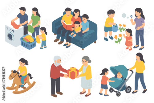 Family Moments Illustrated. Isometric vector illustration set of Family: parents doing laundry with kids, family on couch reading,