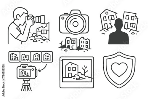 Disaster Tourism Icons. Line style icons of photography in disaster tourism: respectful angle icon, wide lens view, shadow