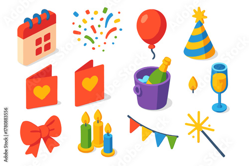 Festive Celebration Icons. Isometric vector illustration set Celebration and Events: calendar, gift box, confetti, balloon, party