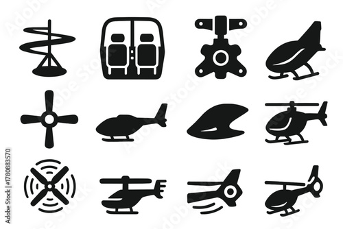 Solid Flight Icons. Solid style icons of Flight inspiration: rotor sketch, cockpit illustration, rotor hub close-up, skid design,