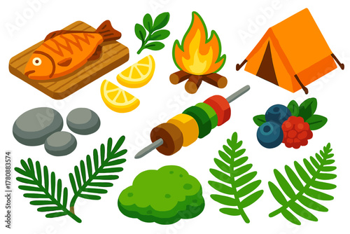 Nature's Gourmet Adventure. Isometric vector illustration set featuring food and nature: grilled fish, lemon wedges, leafy herbs,