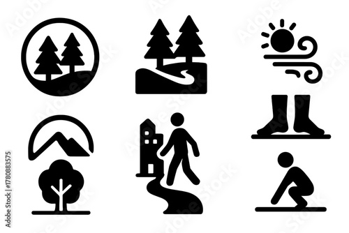 Environmental Exposure Icons. Solid style icons of environmental hormetic exposure: nature immersion ring, forest challenge glyph,