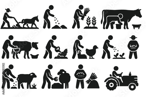 Farm Activity Icons. Solid style icons of Farm activities: plowing field, planting seeds, harvesting crops, feeding animals,