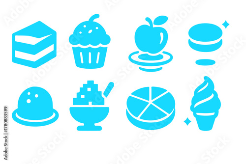 Futuristic Dessert Icons. Solid style icons of futuristic desserts: layered prism cake, translucent cupcake, 3D fruit projection.