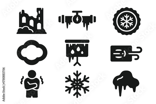 Cold Zone Icons. Solid style icons of cold zone climate visuals: frost over ruins glyph, icy pipe icon, chill badge. Fog ring,