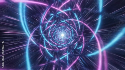 Neon light tunnel with vibrant spiral motion effect