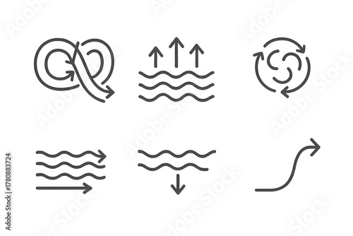 Ocean Currents Icons. Line style icons of ocean currents and circulation: global conveyor belt diagram, upwelling zone symbol,