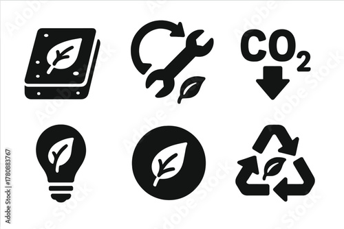 Sustainable Concrete Icons. Solid style icons of sustainability in healing concrete: green leaf in slab, eco-repair cycle, CO2