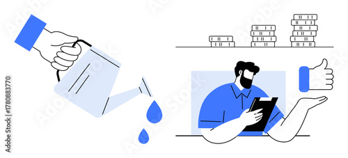 Hand pouring water symbolizes nurturing, stacks of coins represent financial growth, and a man with a tablet signifies planning. Ideal for investment, growth, business strategy, teamwork, leadership