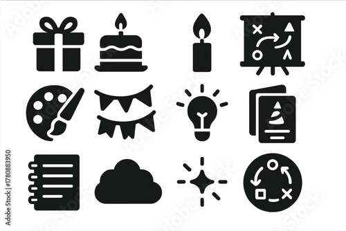 Birthday Icons Collection. Solid style icons of Birthday inspiration: gift idea, cake sketch, candle flame, party plan, color