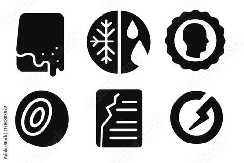 Icons of Transience. Solid style icons of preservation vs impermanence: half-melt slab, split icon with frost and water, carved