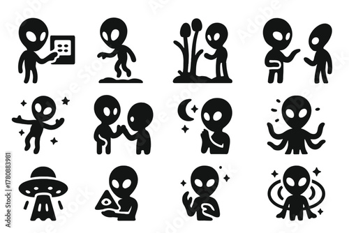 Fantasy Alien Adventures. Solid style icons of Fantasy life: alien interacting with technology, hovering above terrain, exploring