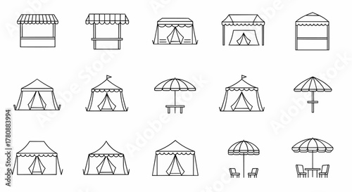 A linear icon set of various outdoor market stalls, event tents, and canopies, a simple vector illustration