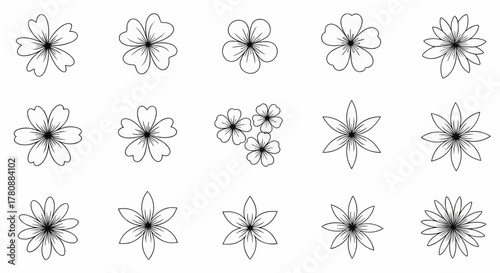 A diverse set of simple flower icons in a minimal line art style, a vector illustration collection