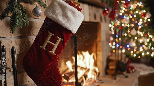 Christmas stocking fireplace with festive decor