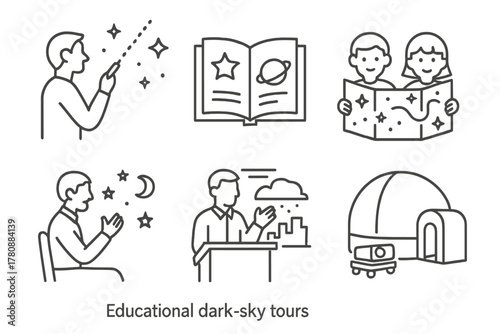 Educational Sky Tour Icons. Line style icons of educational dark sky tours: astronomy guide with laser, star knowledge book, kids
