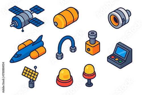 Space Refueling Station. Isometric vector illustration set Space exploration – orbital refueling station, fuel tank, docking clamp