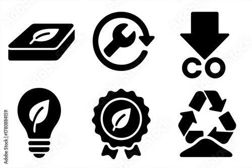 Sustainable Concrete Icons. Solid style icons of sustainability in healing concrete: green leaf in slab, eco-repair cycle, CO2