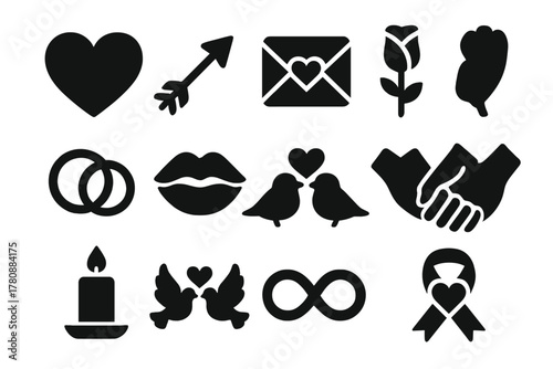 Romantic Icons Collection. Solid style icons of Love and romance: heart, cupid arrow, love letter, rose, intertwined rings,