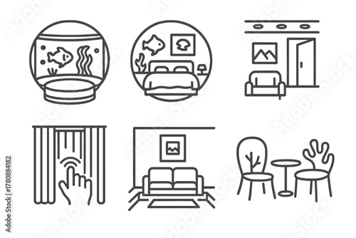 Underwater Suite Icons. Line style icons of hotel room interiors: circular bed by aquarium, sea-themed decor, hidden lighting