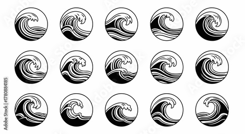 Set of black and white ocean wave circle icons. Japanese style storm sea symbol collection vector illustration