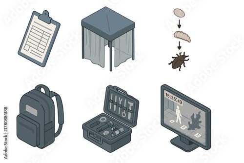 Forensic Science Tools. Isometric vector illustration set Forensic science: evidence entry form, contamination shield curtain, bug