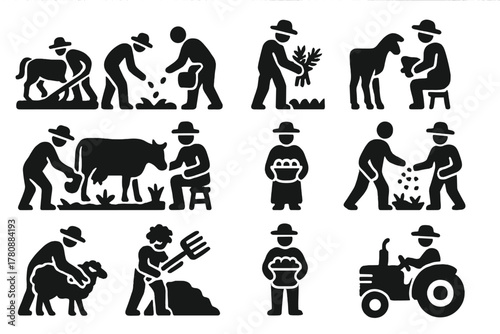 Farm Activity Icons. Solid style icons of Farm activities: plowing field, planting seeds, harvesting crops, feeding animals,