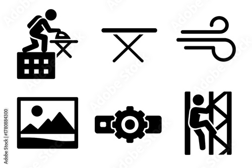 Extreme Ironing Icons. Line style icons of Extreme Ironing: skyscraper edge ironing, board setup on ledge, wind gust symbol,
