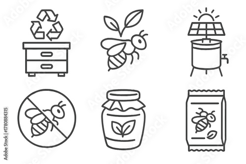 Sustainable Beekeeping Icons. Line style icons of sustainable beekeeping: recycled hive box, organic beekeeping icon,