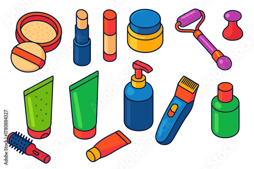 Vivid Beauty Icons. Isometric vector illustration set Makeup, Skincare, and Grooming: face powder puff, concealer stick, cream