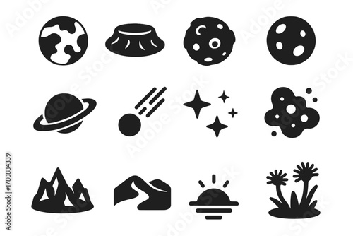 Alien Planet Icons. Solid style icons of Planetary and space environment: alien planet, crater, asteroid, moon, rings, comet,