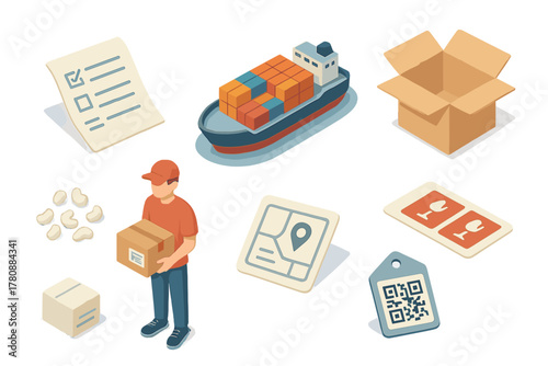 Logistics and Delivery Isometric. Isometric vector illustration set of Logistics and Delivery: shipping manifest, cargo ship, open