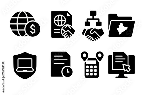 Nomad Tax Icons. Solid style icons of tax rules for nomads: global tax symbol, income report with globe, dual-tax agreement icon.
