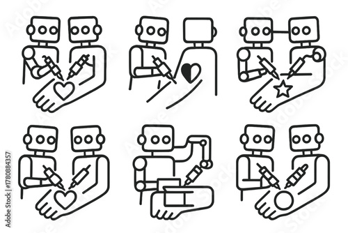 Robot Tattoo Collaboration. Line style icons of multi-robot tattoo collaboration: dual-robot shading team, synchronized outline