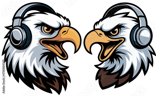 Two fierce eagle heads with headphones facing off