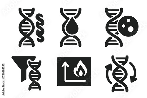 Macronutrient Processing Icons. Solid style icons of macronutrient processing genes: protein helix icon, fat metabolism DNA, carb