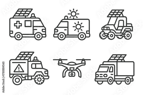 Solar-Powered Emergency Icons. Line style icons of solar-powered emergency vehicles: rescue van with panel, ambulance with sun
