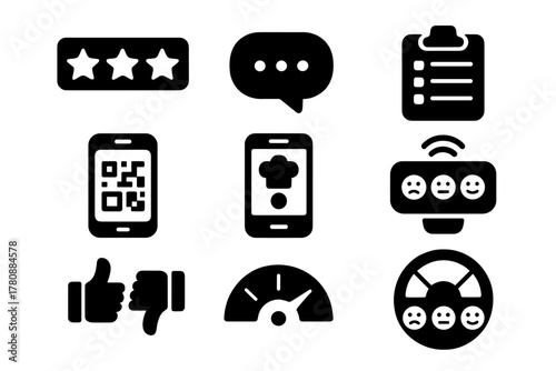 Consumer Feedback Tools. Solid style icons of consumer feedback tools: star rating, comment bubble, digital survey form. QR