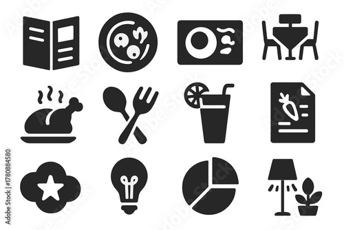 Restaurant Icon Inspirations. Solid style icons of Restaurant inspiration: menu sketch, dish drawing, plating idea, table layout,