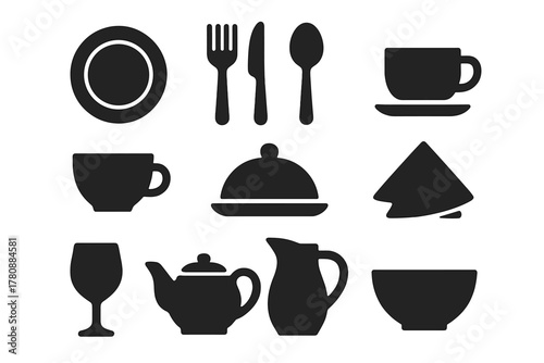 Iconic Tableware Collection. Solid style icons of Tableware: plate, fork, knife, spoon, cup, bowl, serving dish, napkin, glass,