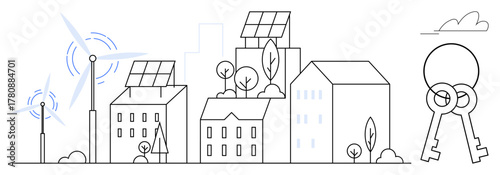 Cityscape with solar panels, wind turbines, trees, and key icon. Ideal for sustainability, renewable energy, green architecture, eco-lifestyle, innovation environmental awareness real estate