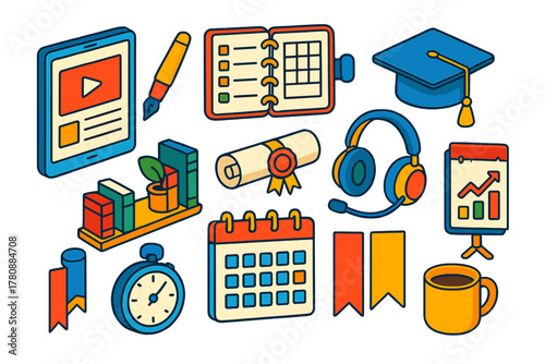 E-Learning Tools Icons. Isometric vector illustration set Online Education and Learning Tools: e-learning app on tablet, fountain