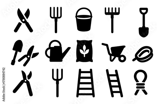 Farm Tools Icons. Solid style icons of Farm tools: shears, pitchfork, bucket, rake, shovel, watering can, feed bag, wheelbarrow,