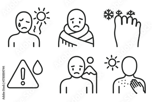 Environmental Safety Icons. Line style icons of environmental hazard care: heat stroke icon, hypothermia figure, frostbite toes,