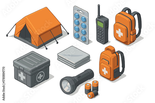 Disaster Relief Essentials. Isometric vector illustration set of Disaster relief: emergency tent, water purification tablet pack,
